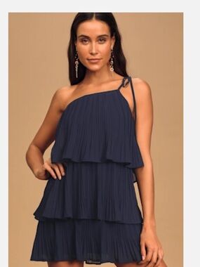 Lulus Navy Pleated Tiered One Shoulder Dress
